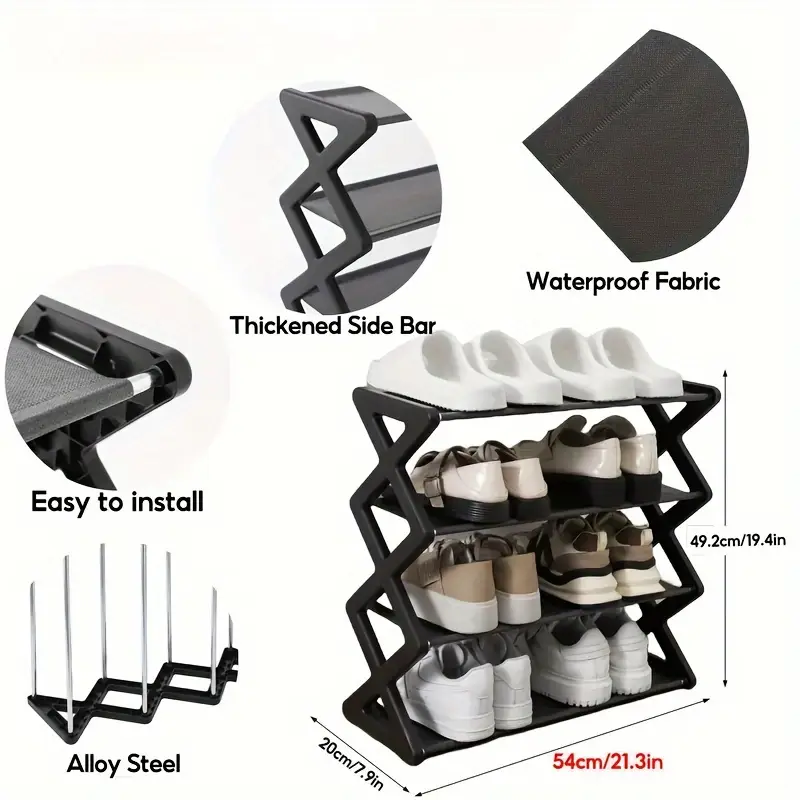 4 tier minimalist metal shoe rack space saving sneaker organizer easy assembly   design for entryway bedroom dorm   decor black metal shoe shelf with x shaped frame bedroom shoe storage minimalist shoe rack   metal details 1