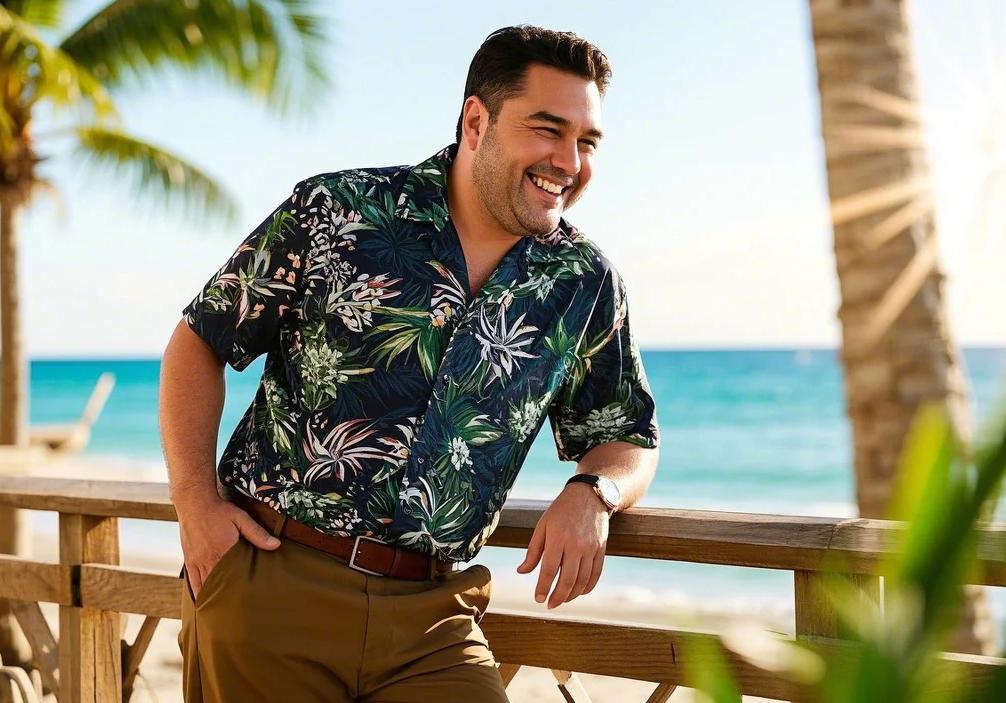 a man wearing tropical print big & tall Hawaiian shirts