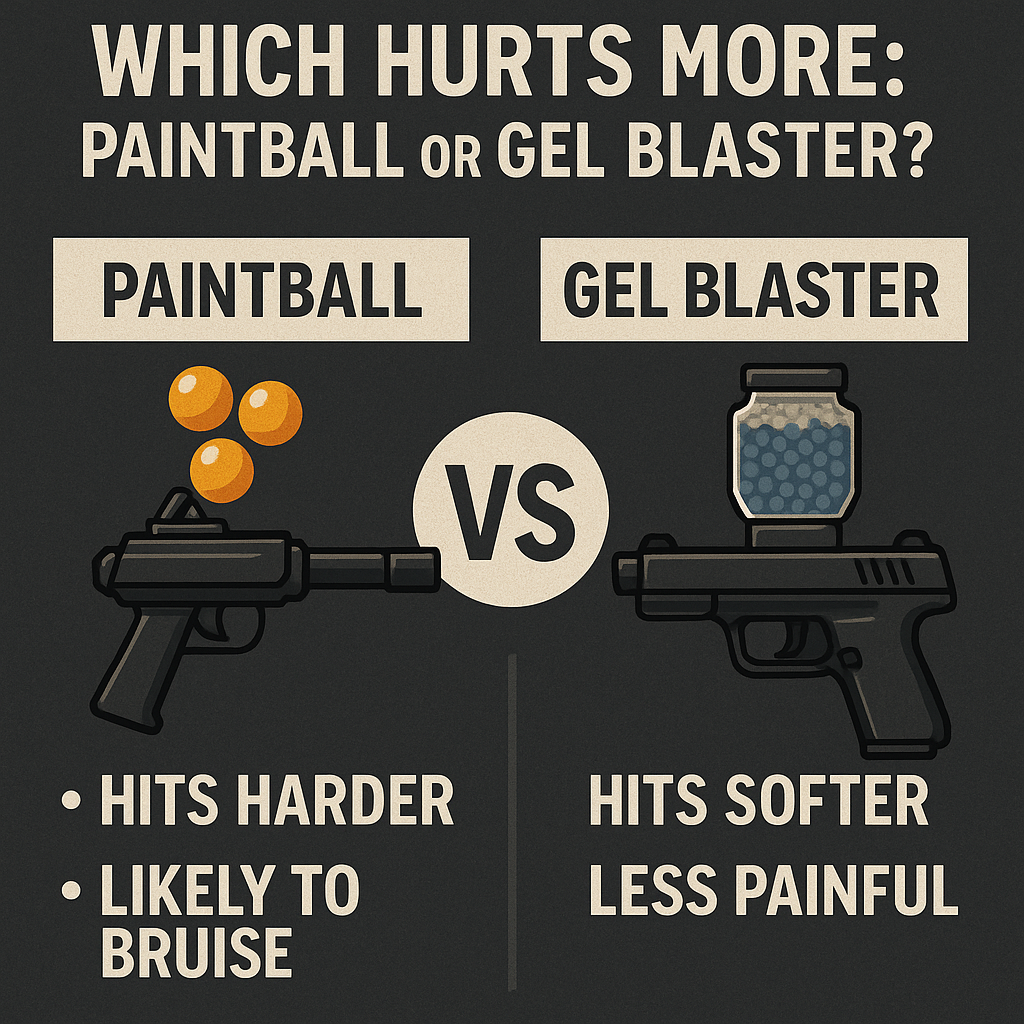 Infographic comparing paintball and gel blaster pain: paintball hits harder and can bruise, while gel blaster hits softer and is less painful.