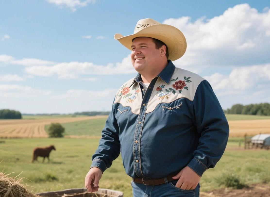 A big man wearing Western hat