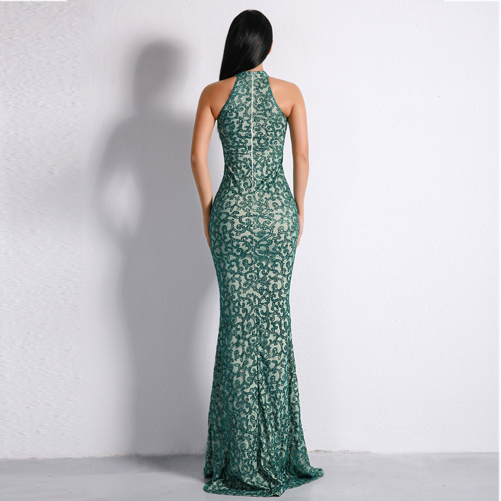 Elegant Halter Green Sequins Long Mermaid Prom Dress 8681