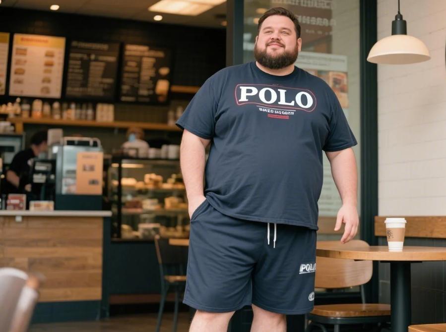 A big man wearing functional shorts with drawstring.